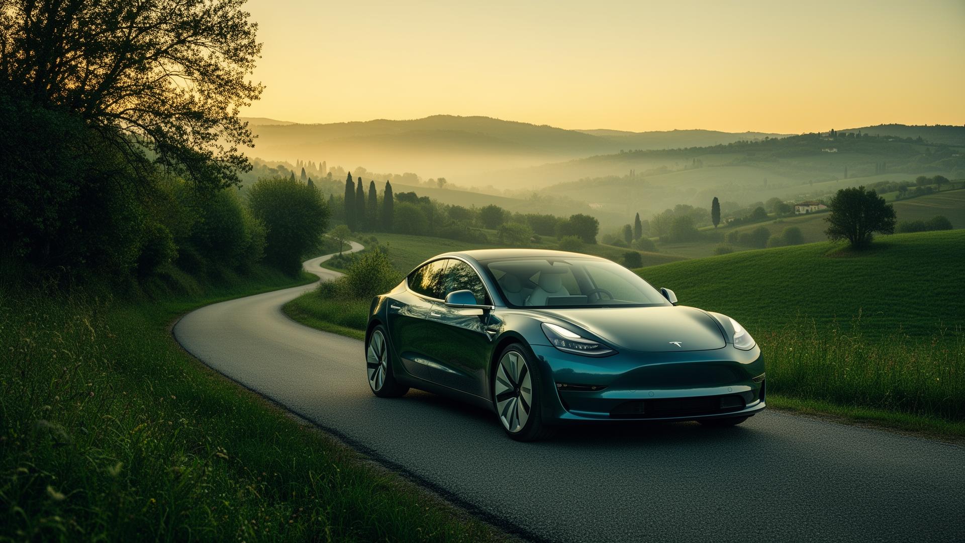 Auto elettrica su strada panoramica al tramonto
